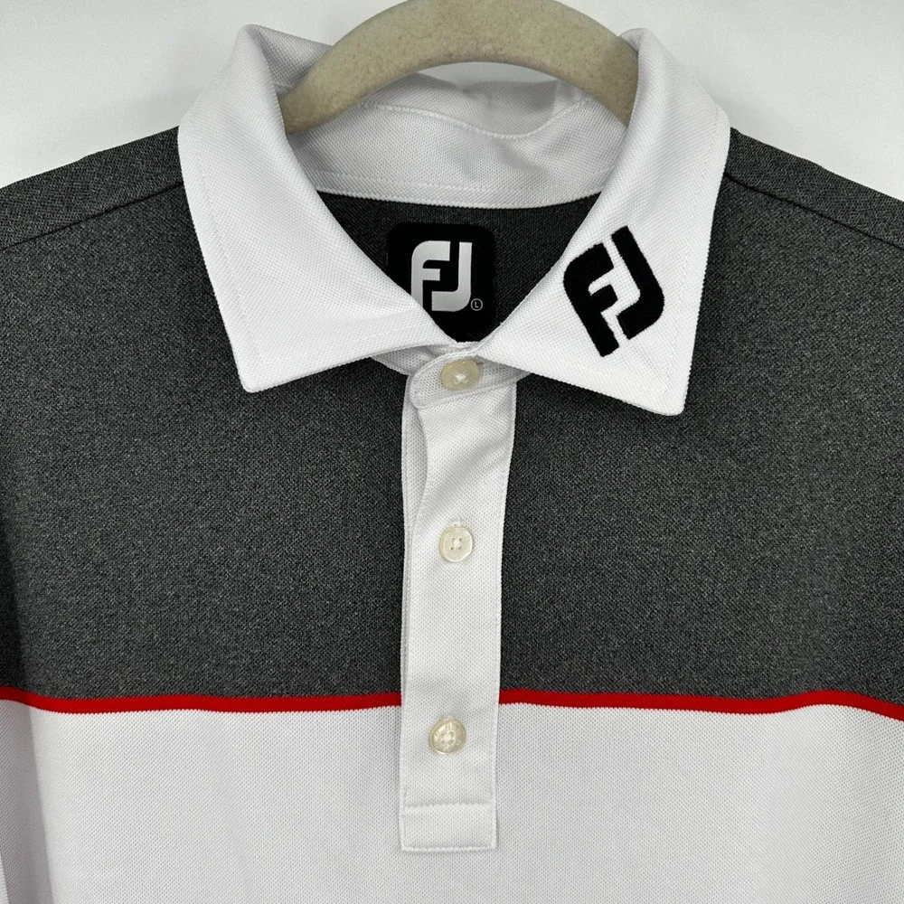 Footjoy FJ Golf Polo Shirt Men's Large Gray Color Block White Red Logo Golf Club